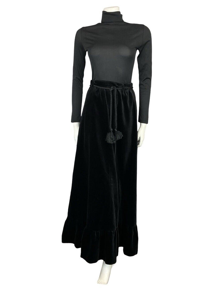 VTG 70S EDWARDIAN STYEL BLACK VELVET RUFFLE HEM TIE WAIST MAXI PARTY SKIRT 8