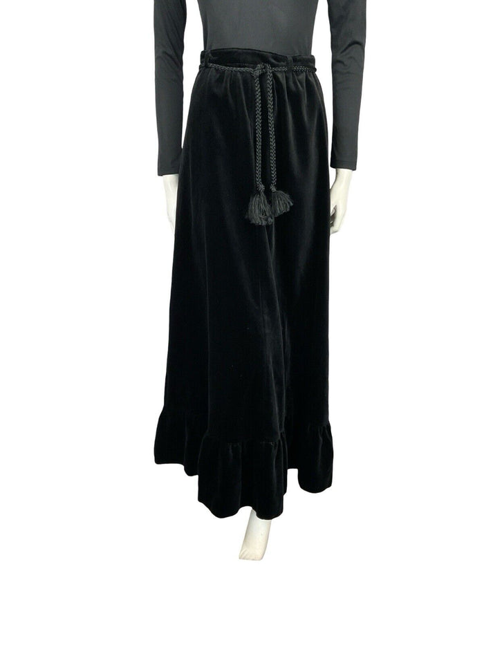 VTG 70S EDWARDIAN STYEL BLACK VELVET RUFFLE HEM TIE WAIST MAXI PARTY SKIRT 8