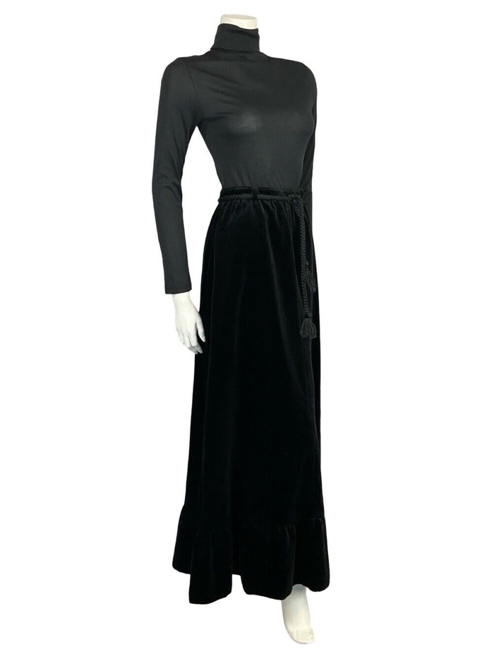 VTG 70S EDWARDIAN STYEL BLACK VELVET RUFFLE HEM TIE WAIST MAXI PARTY SKIRT 8