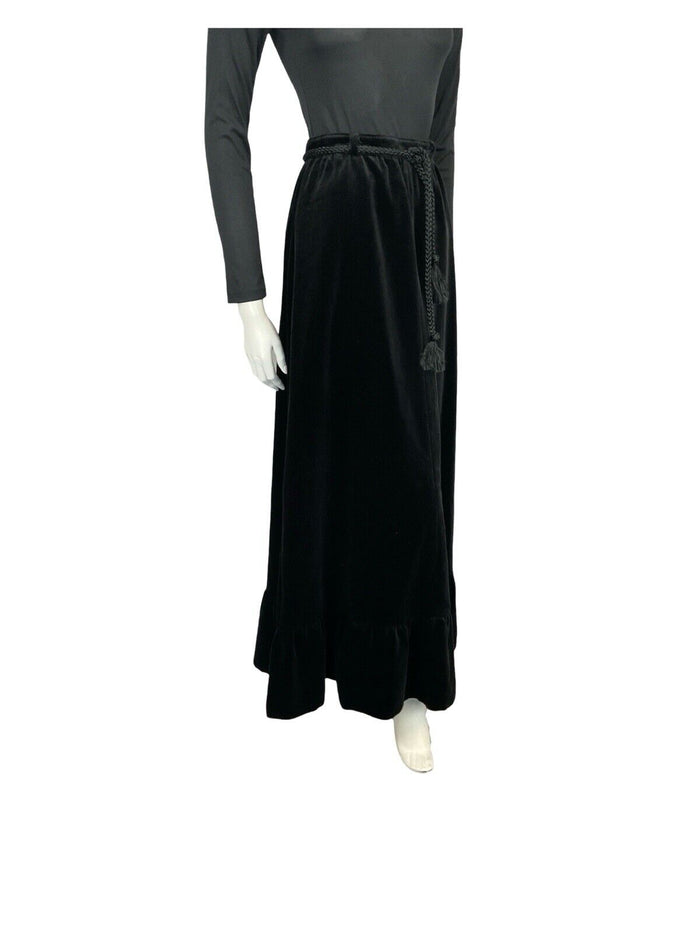 VTG 70S EDWARDIAN STYEL BLACK VELVET RUFFLE HEM TIE WAIST MAXI PARTY SKIRT 8