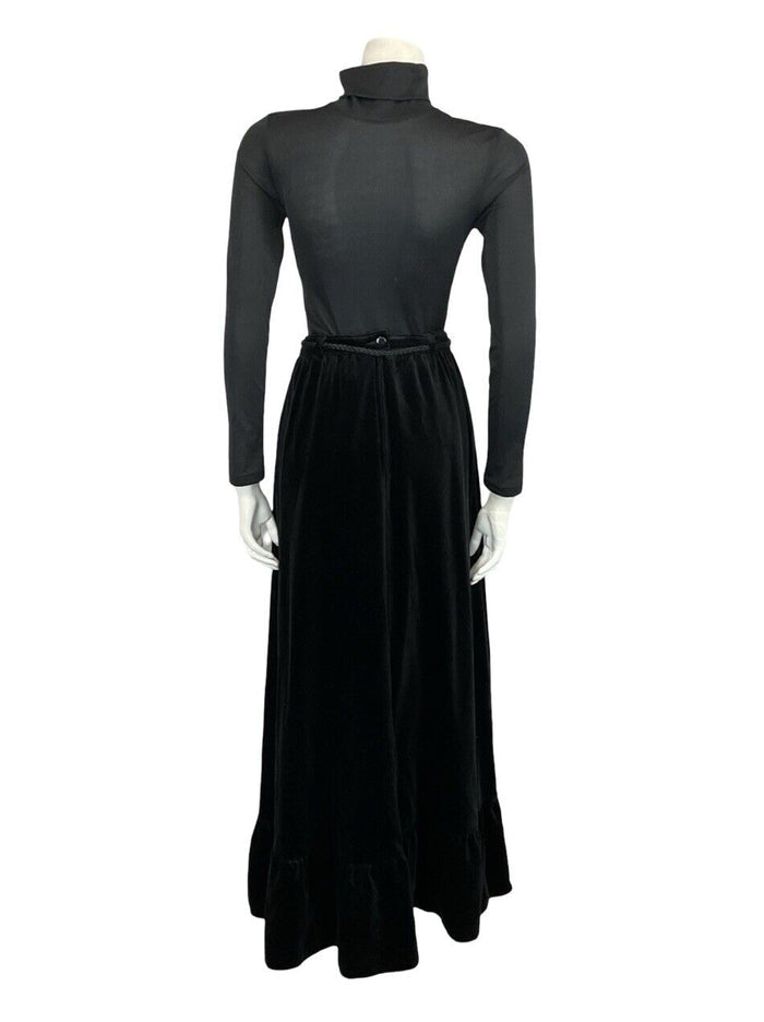 VTG 70S EDWARDIAN STYEL BLACK VELVET RUFFLE HEM TIE WAIST MAXI PARTY SKIRT 8