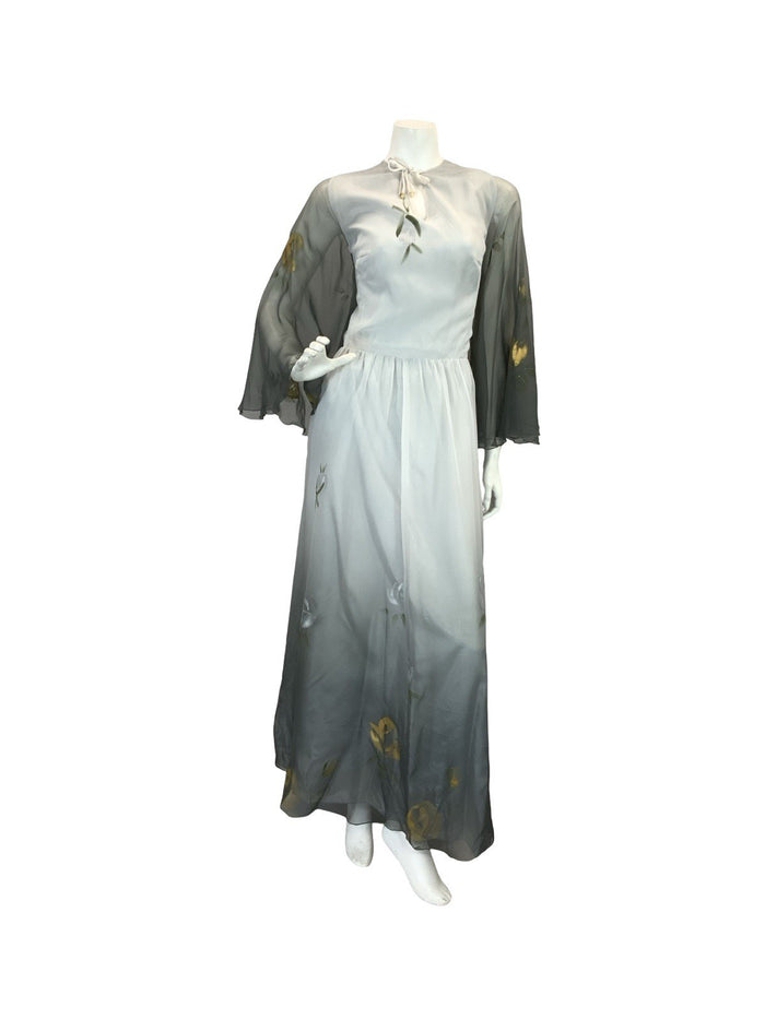 VTG 70S FLOATY SHEER MAXI DRESS SILVER GOLD GREY HAND PAINTED PRINT 10 12