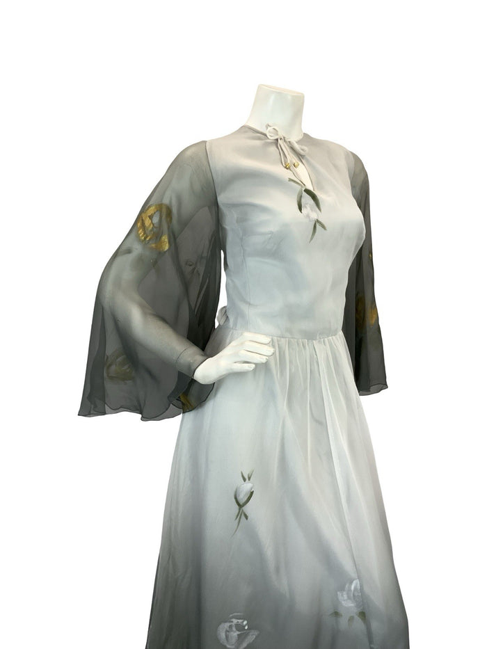 VTG 70S FLOATY SHEER MAXI DRESS SILVER GOLD GREY HAND PAINTED PRINT 10 12