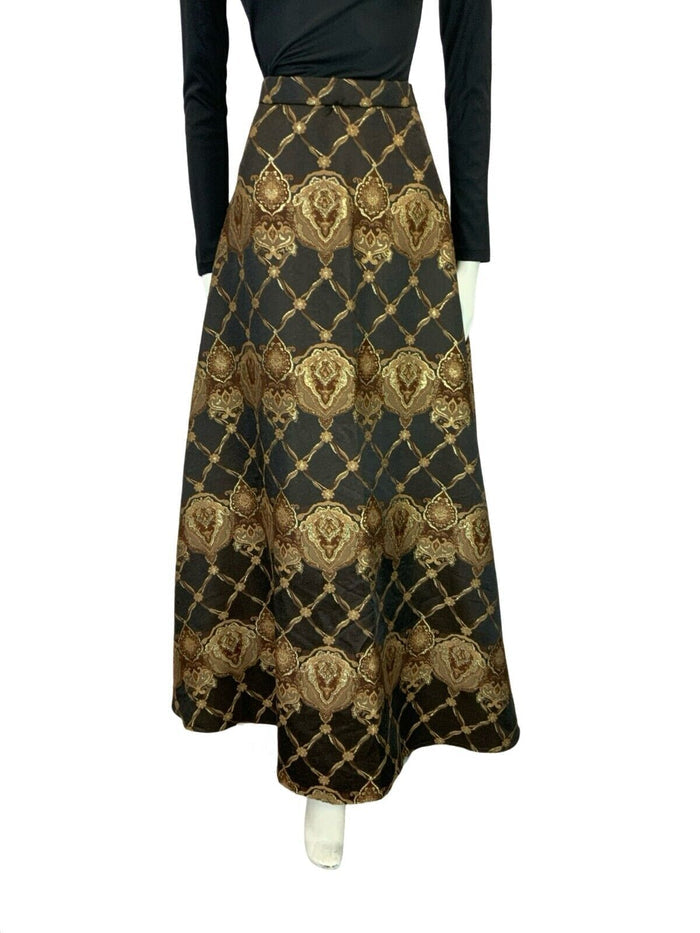 VTG 70S FLORAL MANDALA BOHO HIPPY MAXI PARTY BROWN GOLD SKIRT SIZE 10