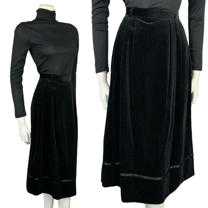 VTG 70S FOLK BOHO BLACK WHITE PIN DOT VELVET RIBBON TRIM MIDI SKIRT 6