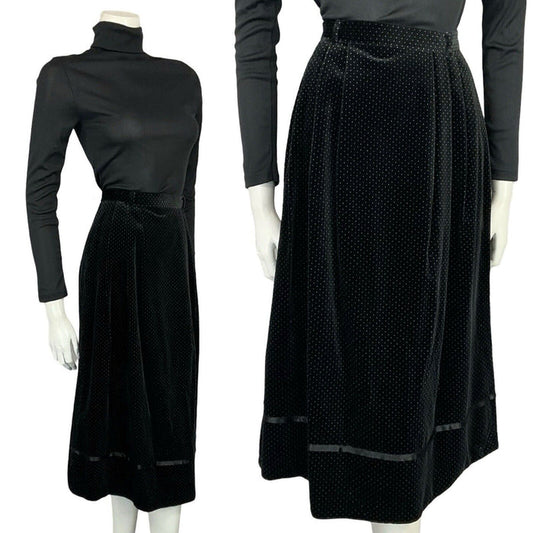 VTG 70S FOLK BOHO BLACK WHITE PIN DOT VELVET RIBBON TRIM MIDI SKIRT 6