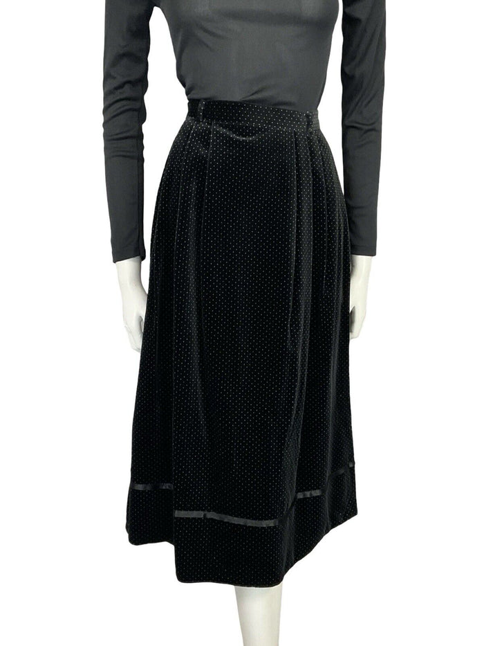 VTG 70S FOLK BOHO BLACK WHITE PIN DOT VELVET RIBBON TRIM MIDI SKIRT 6