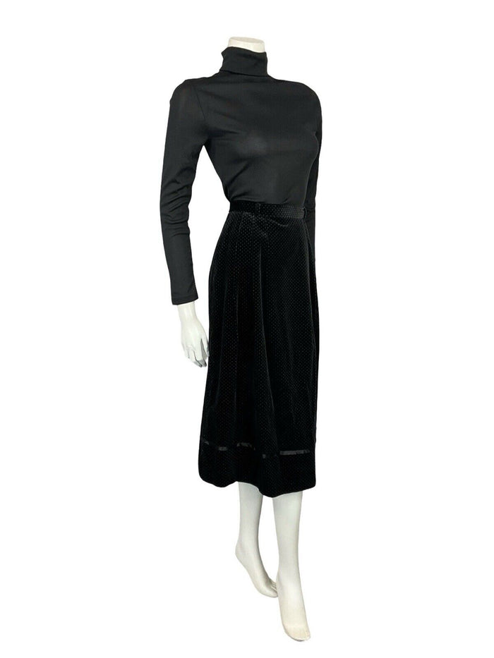 VTG 70S FOLK BOHO BLACK WHITE PIN DOT VELVET RIBBON TRIM MIDI SKIRT 6