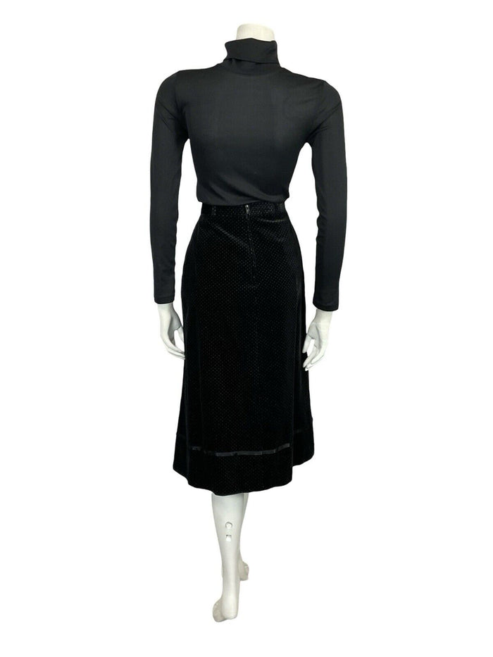 VTG 70S FOLK BOHO BLACK WHITE PIN DOT VELVET RIBBON TRIM MIDI SKIRT 6