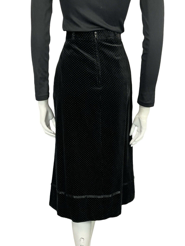 VTG 70S FOLK BOHO BLACK WHITE PIN DOT VELVET RIBBON TRIM MIDI SKIRT 6
