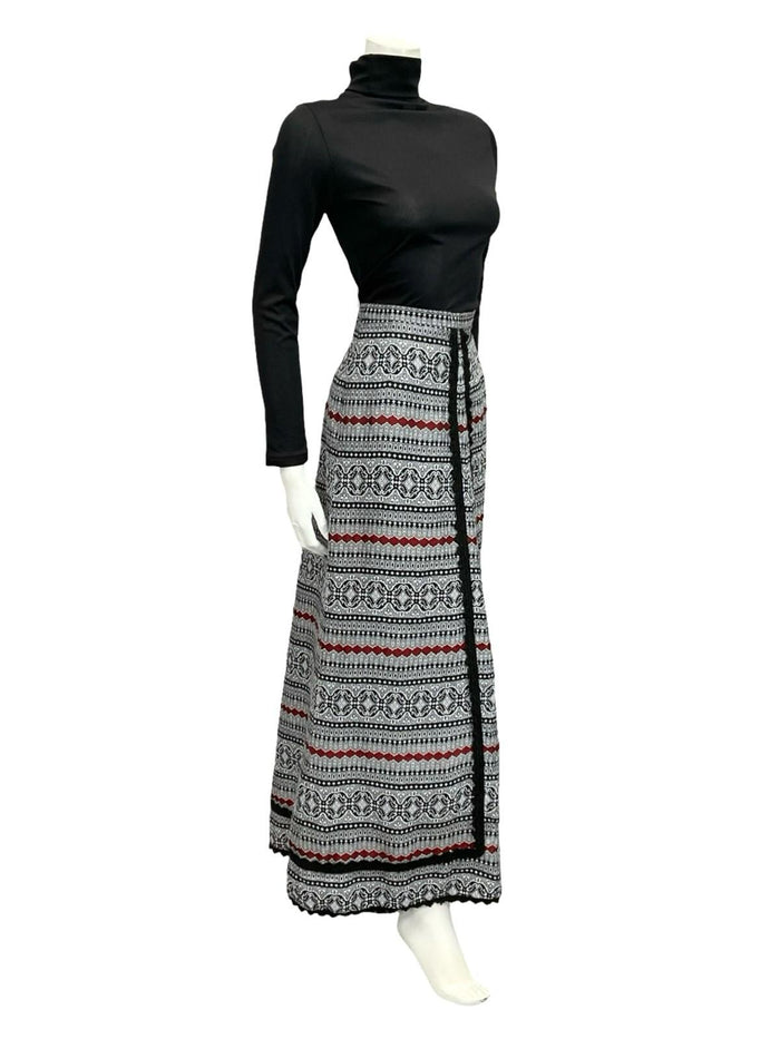 VTG 70S FOLK HIPPY WHITE BLACK RED GEOMETRIC RIC RAC MAXI SKIRT 10