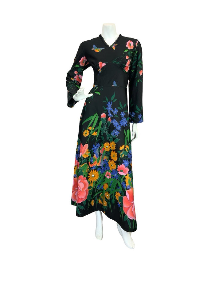VTG 70S GARDEN FLORAL MAXI DRESS BLACK YELLOW BLUE PINK GREEN