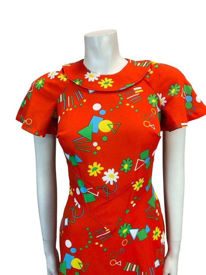 VTG 70S GEOMETRIC FLORAL DAISY MINI DRESS RED GREEN BLUE YELLOW 6 8