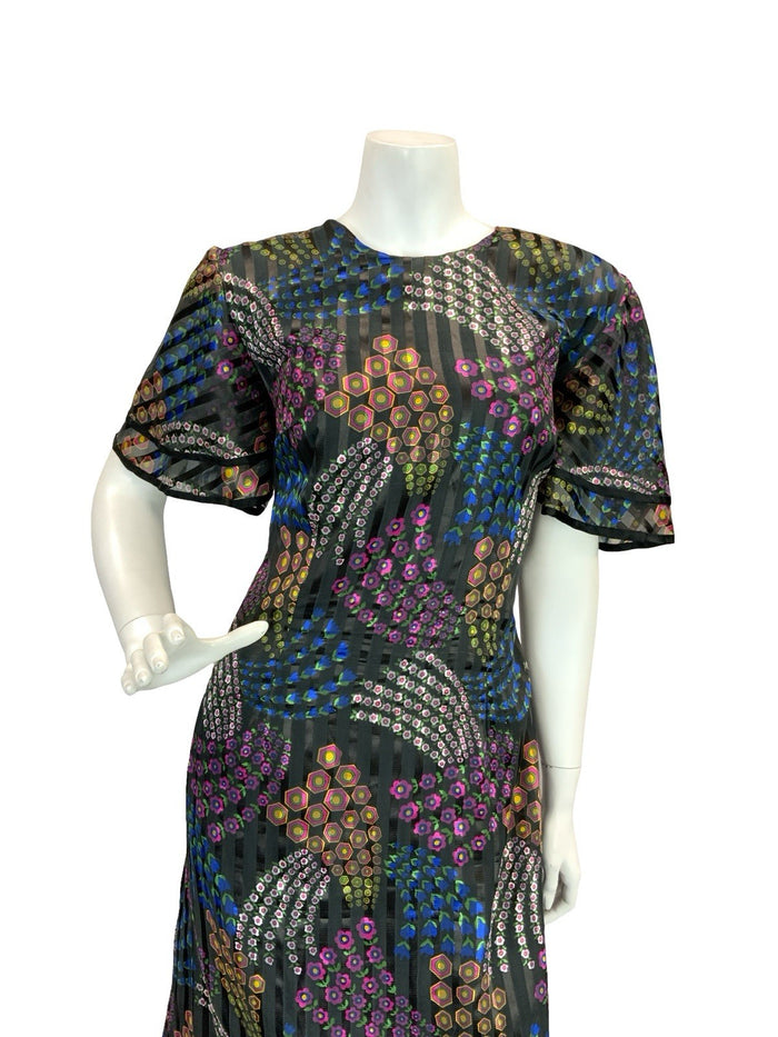 VTG 70S GEOMETRIC PSYCHEDELIC MAXI DRESS PINK YELLOW GREEN BLUE BLACK 12 14 16