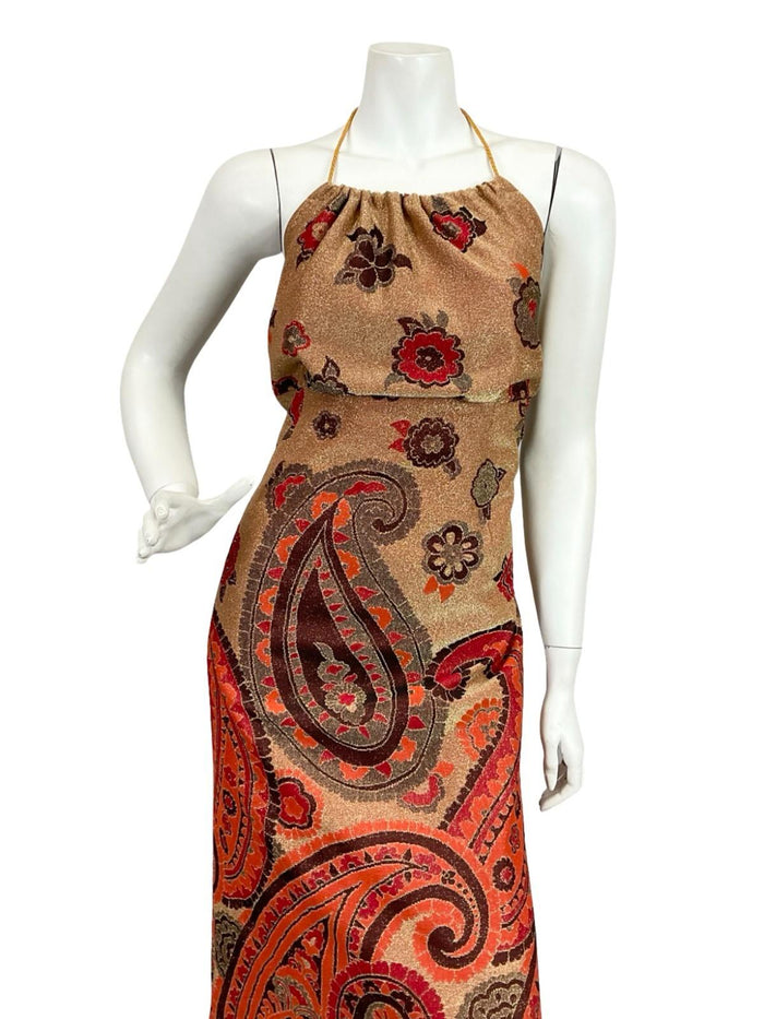 VTG 70S GOLD RED BLACK ORANGE PAISLEY EMPIRE BLOUSON HALTER LUREX MAXI DRESS 10