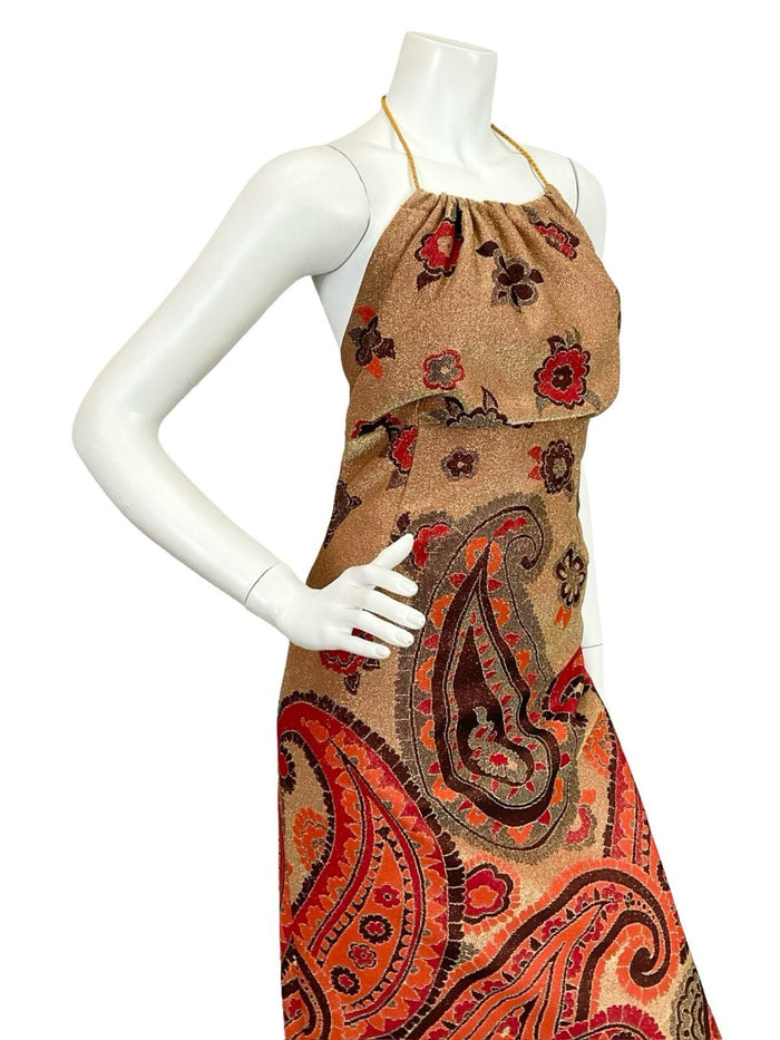VTG 70S GOLD RED BLACK ORANGE PAISLEY EMPIRE BLOUSON HALTER LUREX MAXI DRESS 10