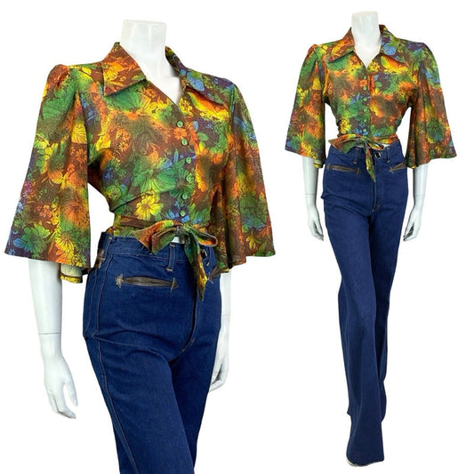 VTG 70S GREEN BROWN ORANGE FLORAL PSYCHDELIC CROPPED WRAP ANGEL SLEEVE TOP 14