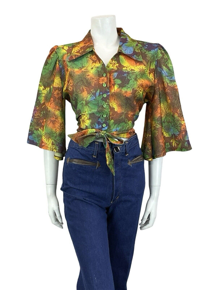 VTG 70S GREEN BROWN ORANGE FLORAL PSYCHDELIC CROPPED WRAP ANGEL SLEEVE TOP 14