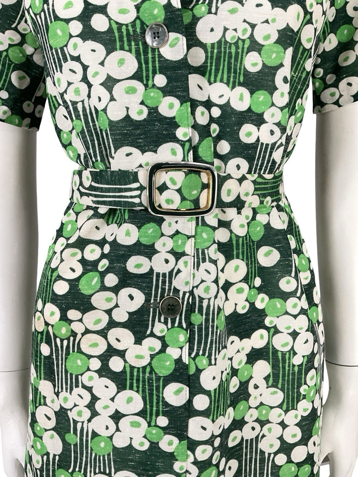 VTG 70S GREEN WHITE MOD GEOMETRIC DAGGER DOTTY STRIPED BELTED SHIRT DRESS 10