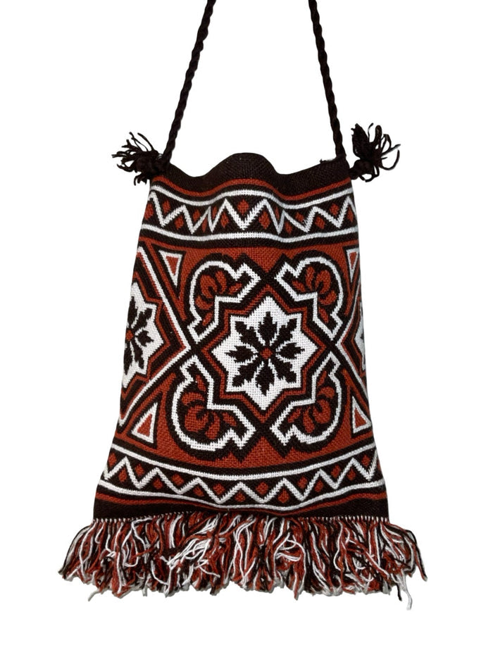 VTG 70S HIPPY TAPESTRY GEOMETRIC BROWN RED WHITE KNITTED TOTE SHOPPER BAG