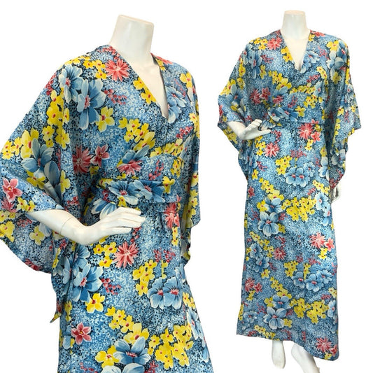 VTG 70S KIMONO KAFTAN FLORAL MAXI DRESS BLUE YELLOW RED 10-12