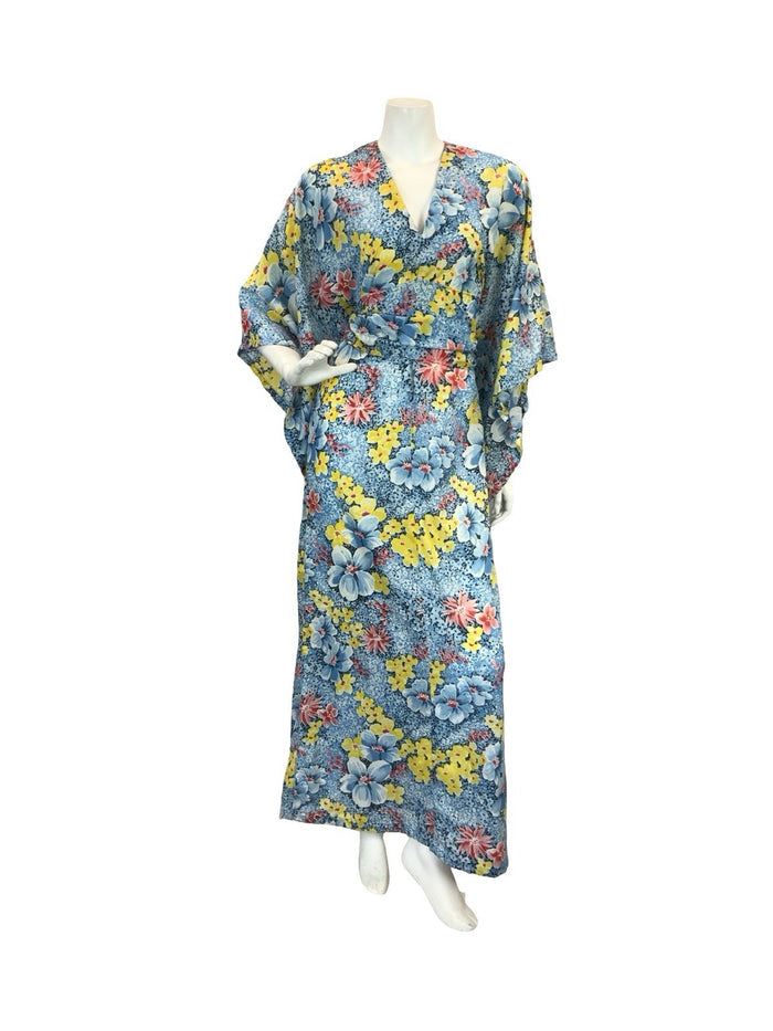 VTG 70S KIMONO KAFTAN FLORAL MAXI DRESS BLUE YELLOW RED 10-12