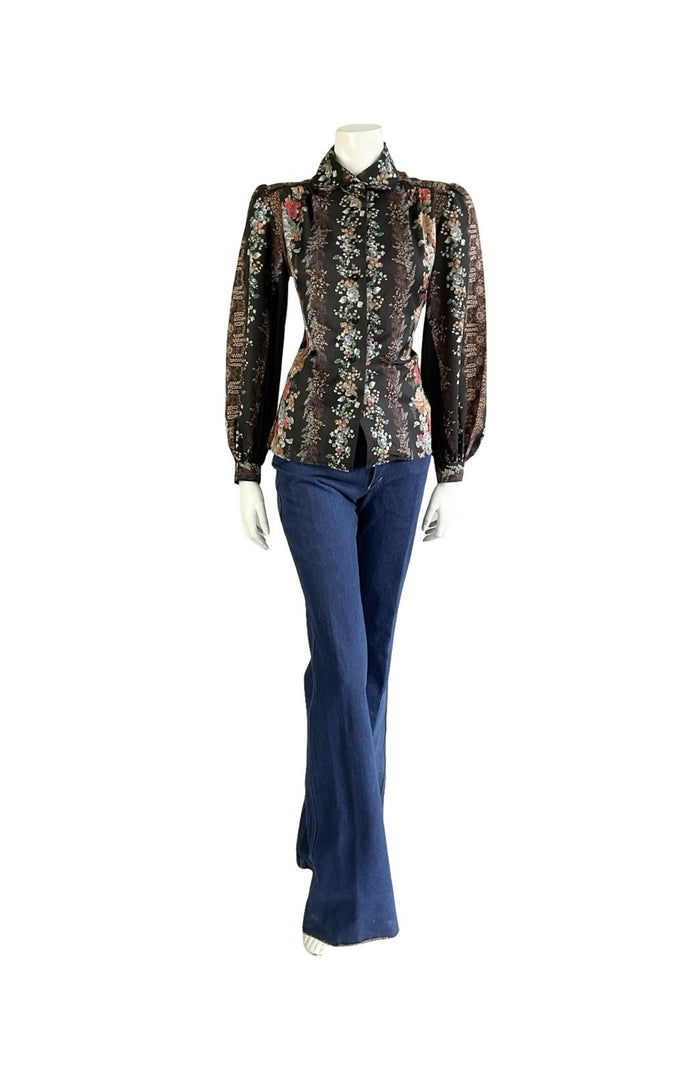 VTG 70S LUCIE LINDEN BLACK BROWN RED BLUE FLORAL FOLK PETER PAN COLLAR SHIRT 12