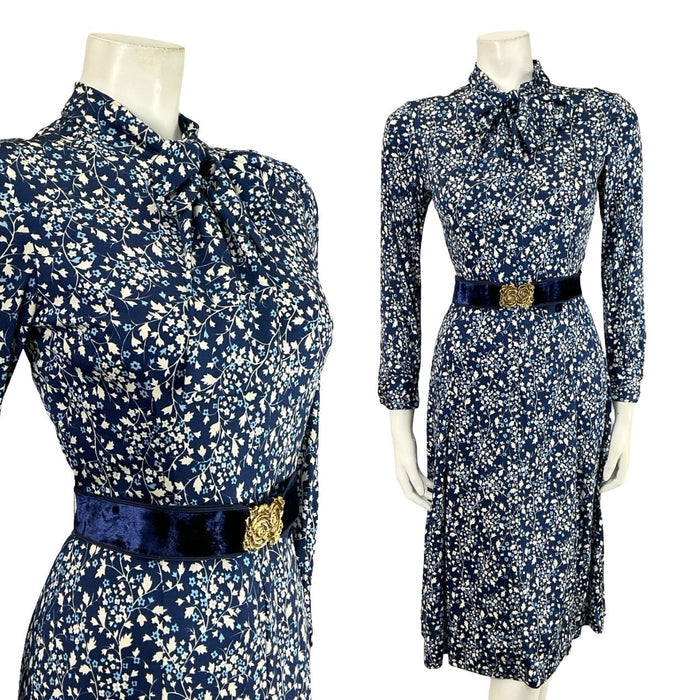 VTG 70S NAVY BLUE WHITE GOLD FLORAL ROSE PUSSYBOW BELT A LINE MIDI DRESS XS 6