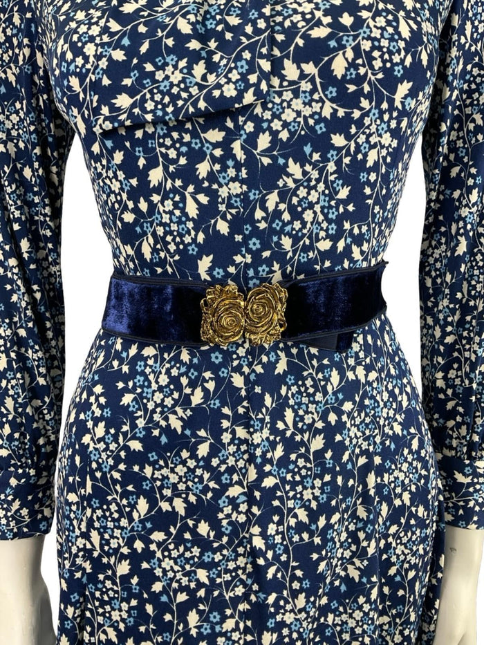 VTG 70S NAVY BLUE WHITE GOLD FLORAL ROSE PUSSYBOW BELT A LINE MIDI DRESS XS 6