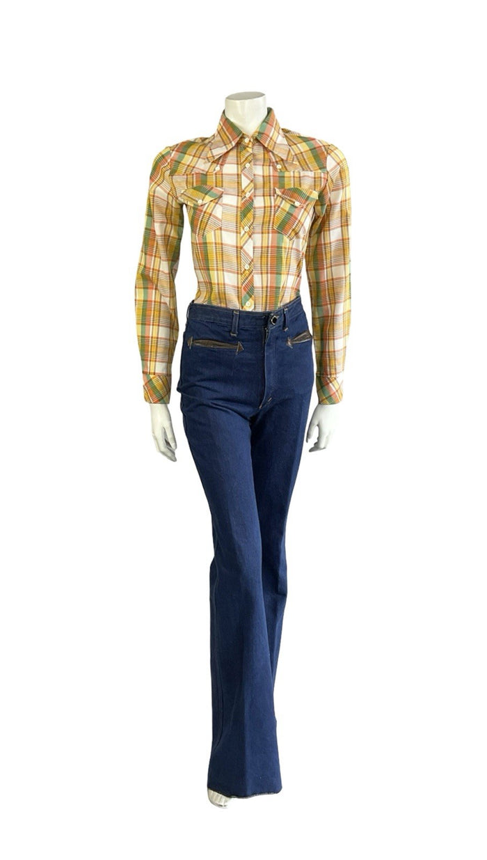 VTG 70S ORANGE YELLOW WHITE GREEN WESTERN DAGGER COLLAR PLAID CHECKED SHIRT 8 S