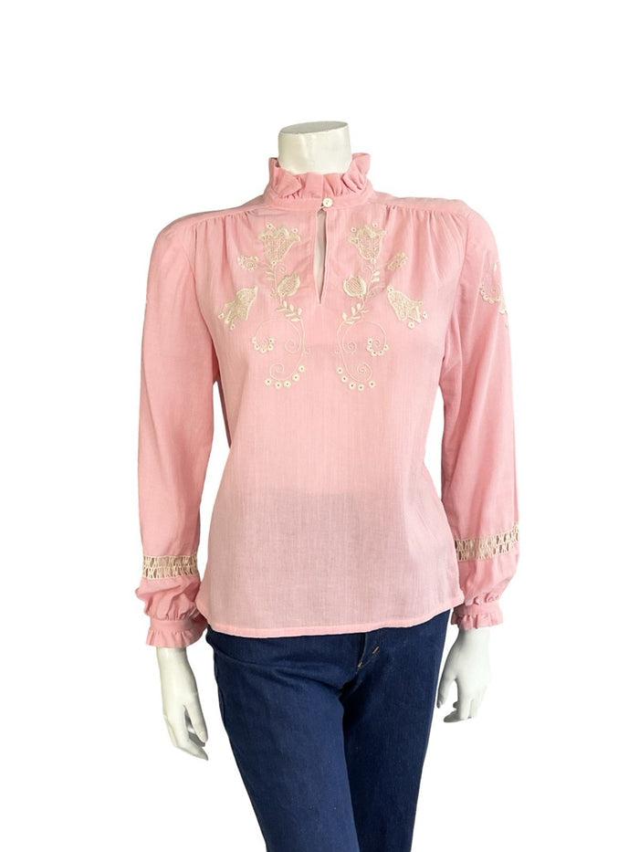 VTG 70S PINK CREAM EDWARDIAN FOLK FLORAL EMBROIDERED BOW COTTON BLOUSE 12