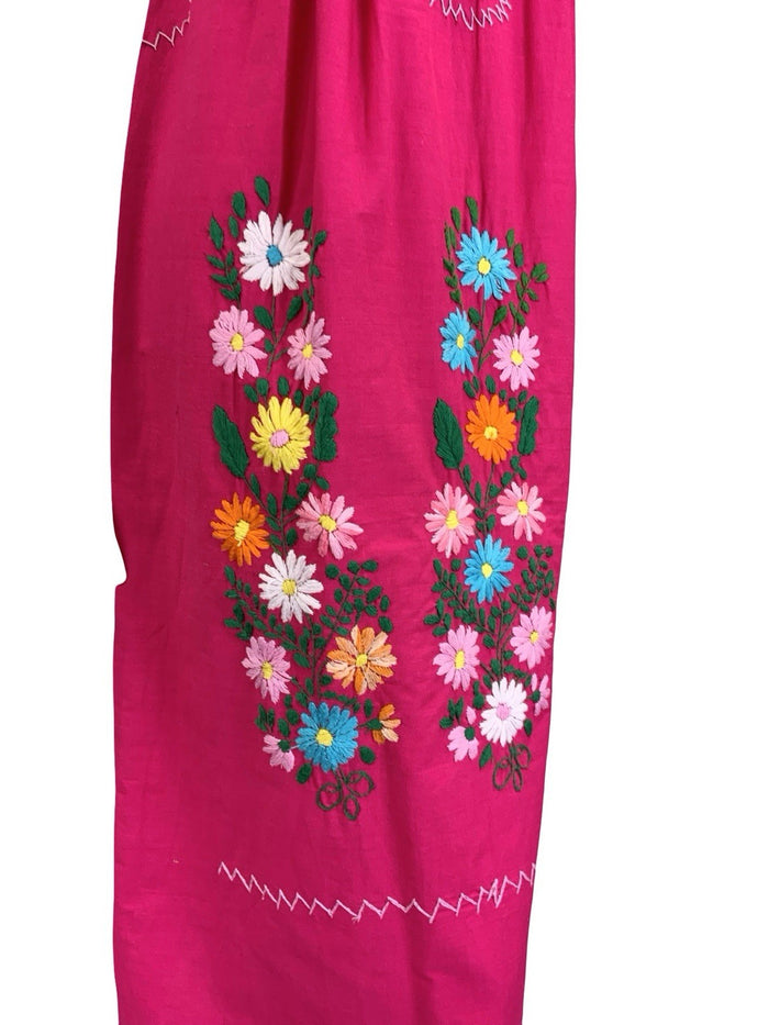 VTG 70S PINK GREEN BLUE YELLOW MEXICAN FOLK EMBROIDERED FLORAL YOKE DRESS 10