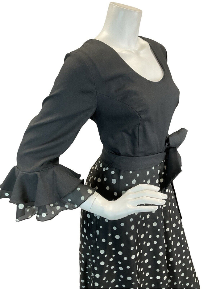 VTG 70S POLKA DOT FLAMENCO RUFFLE MAXI DRESS BLACK WHITE 10 12