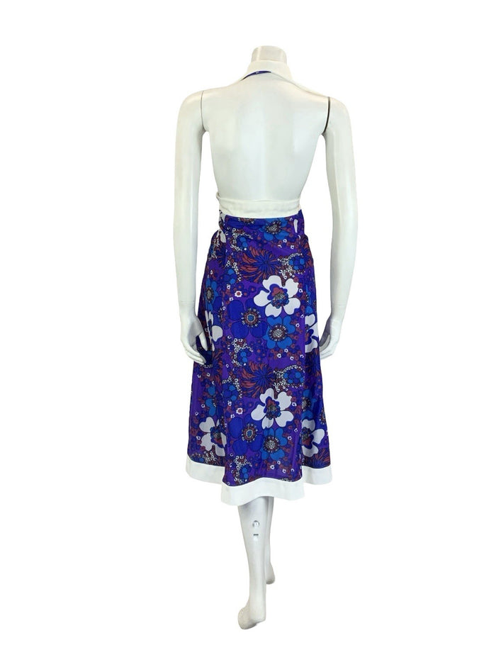VTG 70S PURPLE BLUE RED WHITE FLORAL PSYCHEDELIC HALTER NECK COLLAR DRESS 18