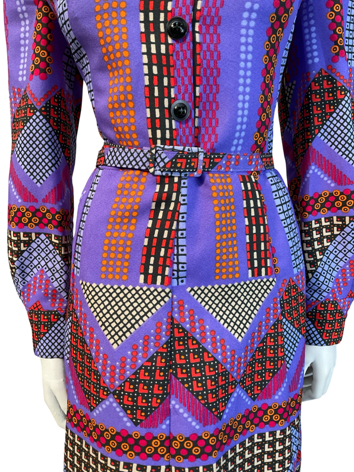 VTG 70S PURPLE RED BLACK ORANGE GEOMETRIC DOTTY PETER PAN BELT SHIRT DRESS 10