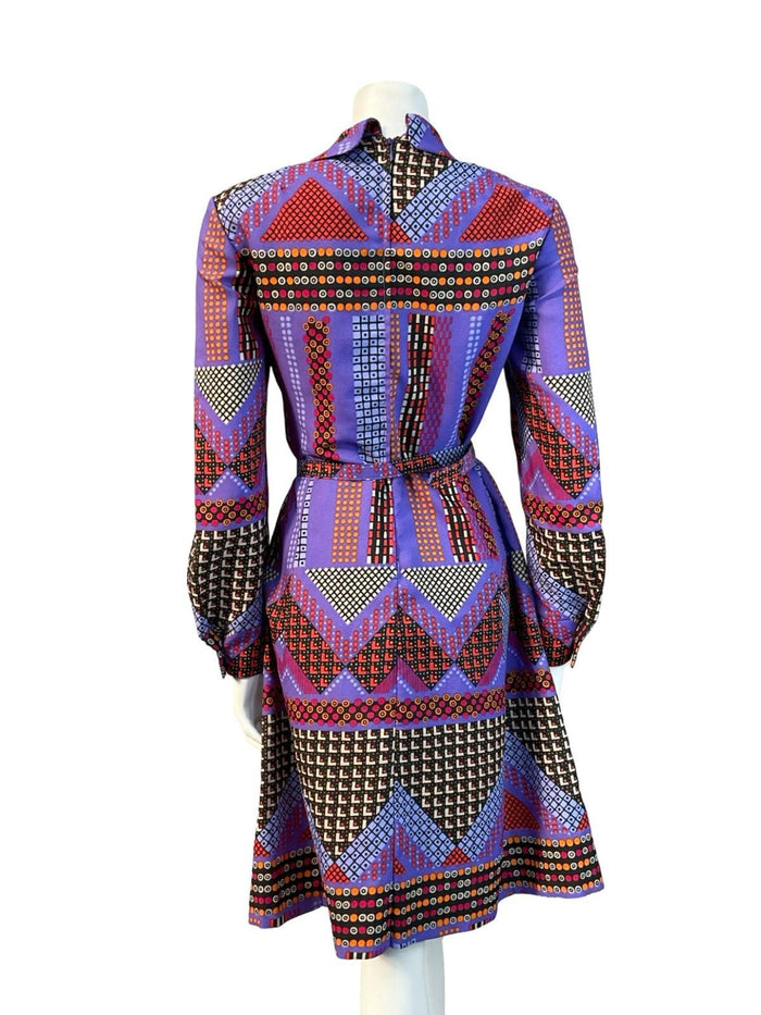 VTG 70S PURPLE RED BLACK ORANGE GEOMETRIC DOTTY PETER PAN BELT SHIRT DRESS 10