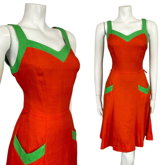 VTG 70S RED GREEN SWEETHEART NECKLINE STRAPPY MINI DRESS WITH POCKETS 10