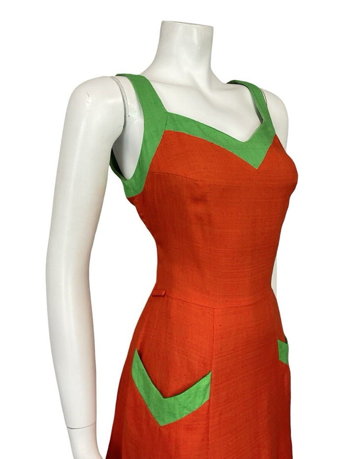VTG 70S RED GREEN SWEETHEART NECKLINE STRAPPY MINI DRESS WITH POCKETS 10