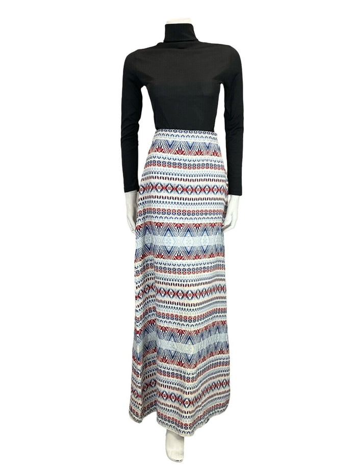 VTG 70S RED WHITE BLUE NORDIC SCANDINAVIAN PATTERN MAXI SKIRT SIZE 8