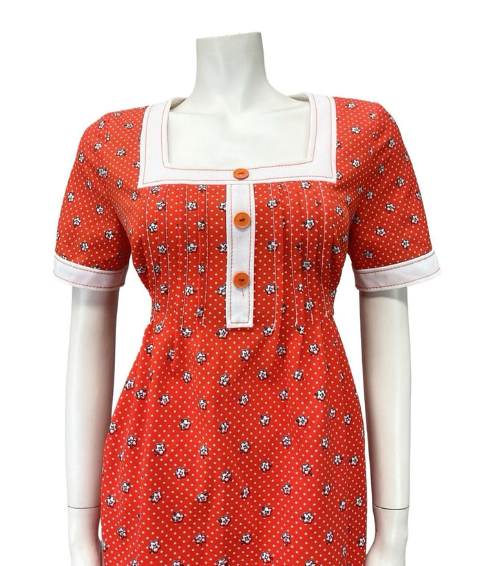 VTG 70S RED WHITE EMPIRE SQUARE NECK DAISY POLKA DOT RIC RAC DRESS 14