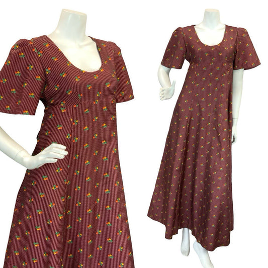 VTG 70S REGENCY EMPIRE  FLORAL MAXI DRESS BURGUNDY ORANGE GREEN YELLOW 8 10