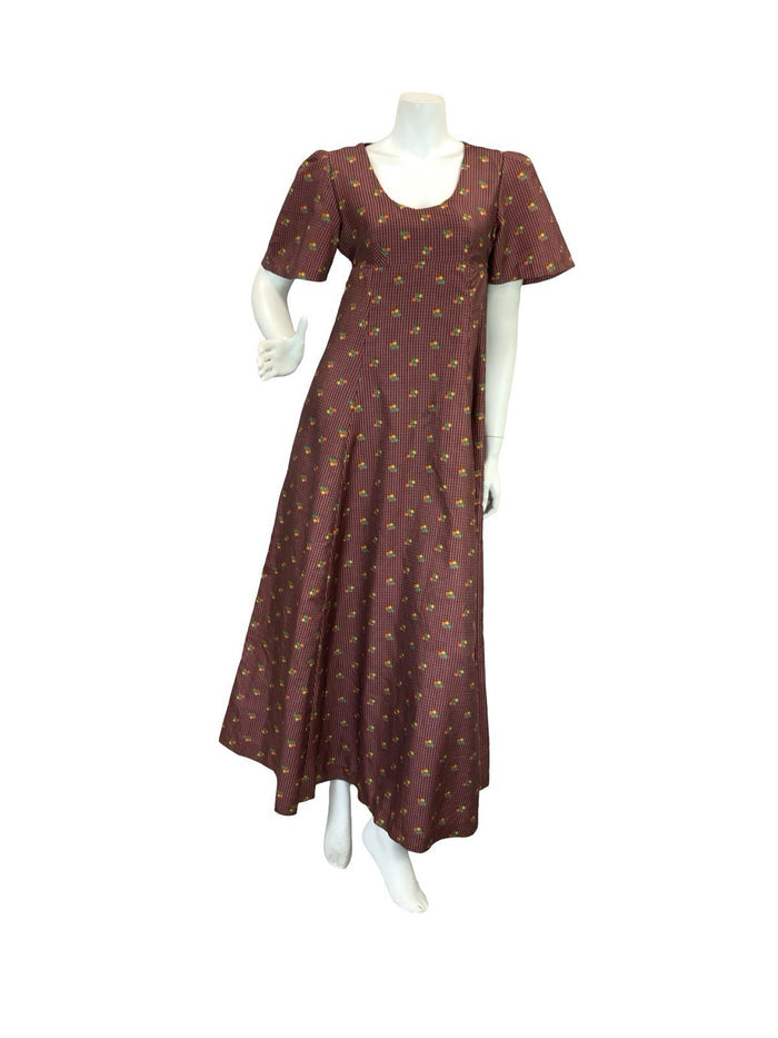 VTG 70S REGENCY EMPIRE  FLORAL MAXI DRESS BURGUNDY ORANGE GREEN YELLOW 8 10