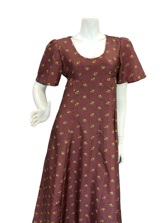 VTG 70S REGENCY EMPIRE  FLORAL MAXI DRESS BURGUNDY ORANGE GREEN YELLOW 8 10