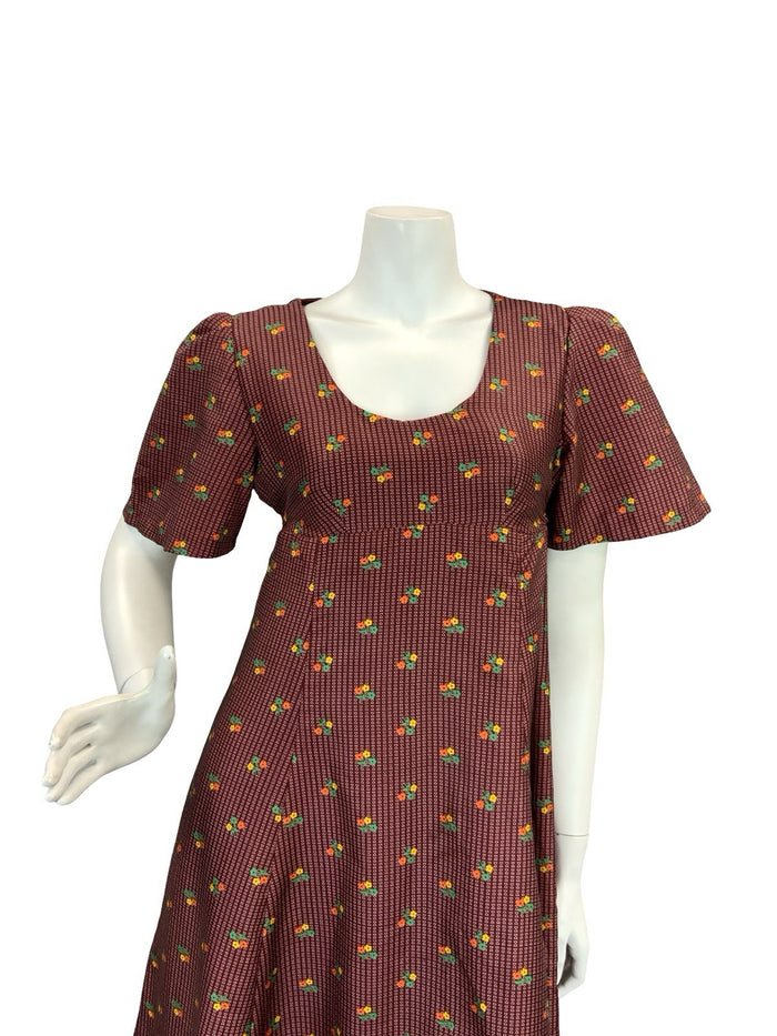 VTG 70S REGENCY EMPIRE  FLORAL MAXI DRESS BURGUNDY ORANGE GREEN YELLOW 8 10