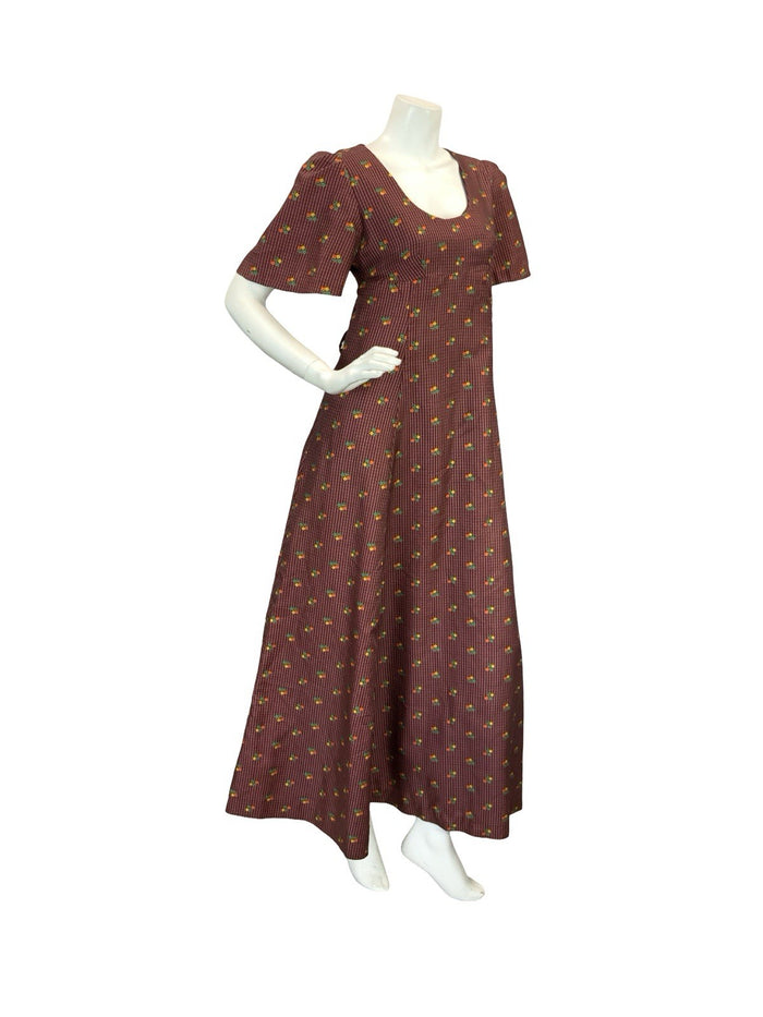 VTG 70S REGENCY EMPIRE  FLORAL MAXI DRESS BURGUNDY ORANGE GREEN YELLOW 8 10