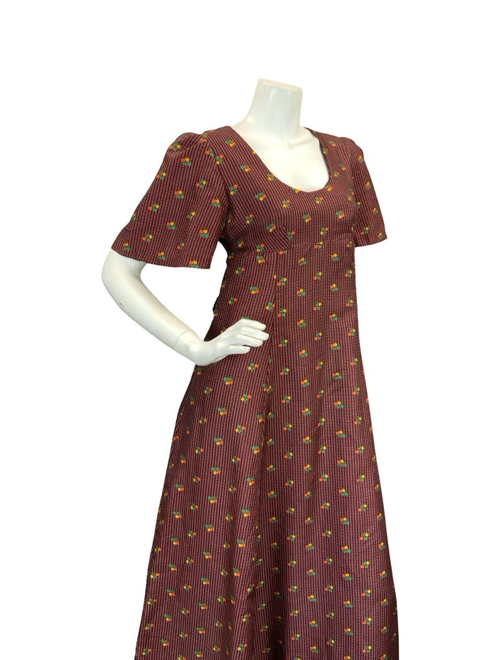 VTG 70S REGENCY EMPIRE  FLORAL MAXI DRESS BURGUNDY ORANGE GREEN YELLOW 8 10