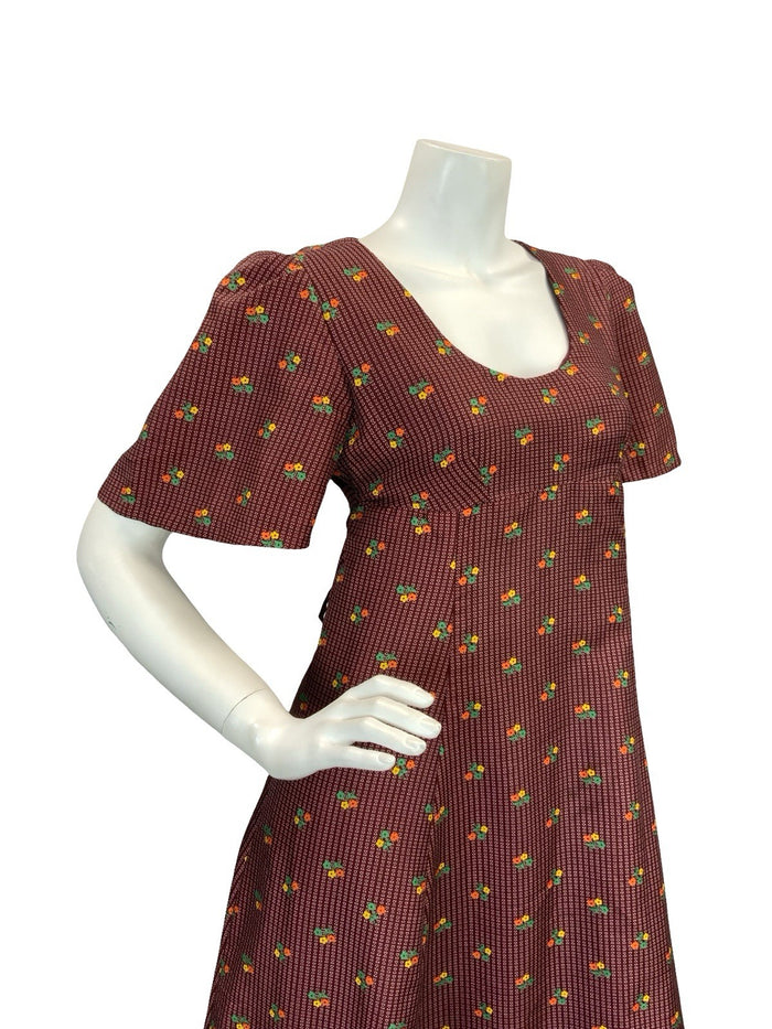 VTG 70S REGENCY EMPIRE  FLORAL MAXI DRESS BURGUNDY ORANGE GREEN YELLOW 8 10