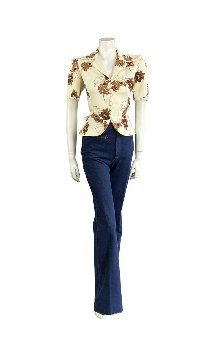 VTG 70S RICHARD SHOPS CREAM BROWN FLORAL ART DECO PEPLUM NOTCH LAPEL SHIRT 8