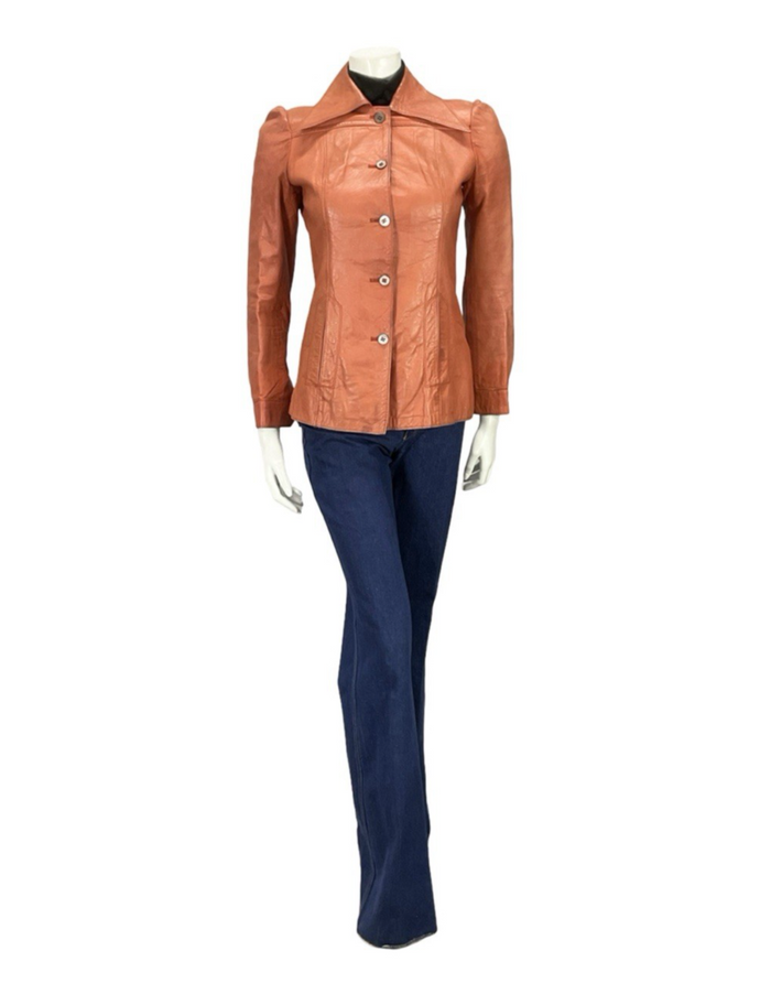VTG 70S SALMON TAN LEATHER DAGGER WING COLLAR MOD WELT POCKET JACKET 8