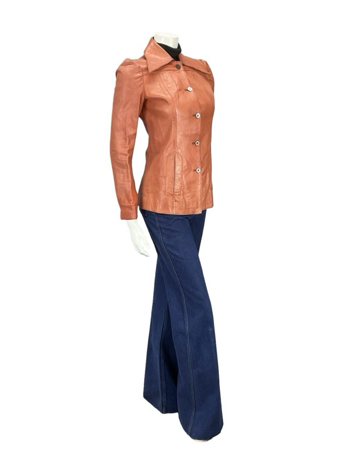 VTG 70S SALMON TAN LEATHER DAGGER WING COLLAR MOD WELT POCKET JACKET 8